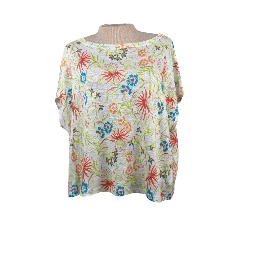Joie‎ Womens XL 100% Linen Floral Knit Top Short Sleeve Boat Neck White Multi